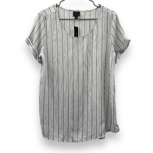 Worthington White & Gray Striped Short Sleeve‎ Scoop Neck Top Size L NWT